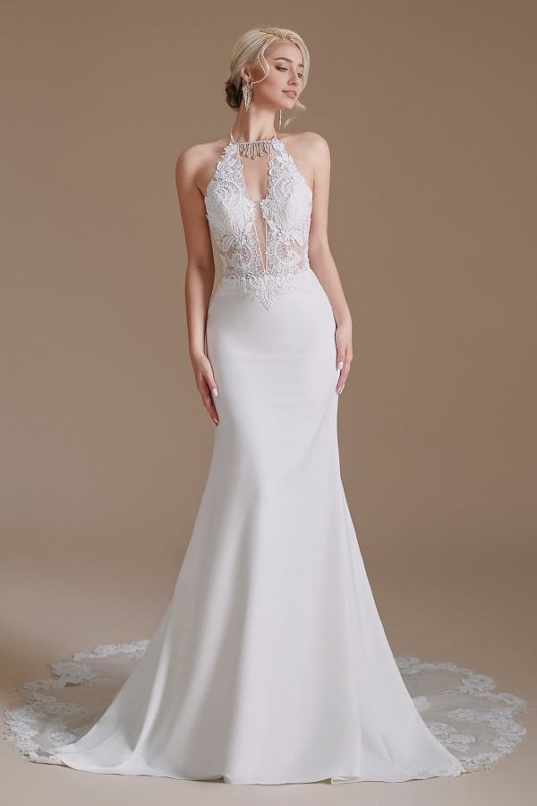 Vestido de novia Weitese encantador de satén con cuello halter, sirena, espalda descubierta y apliques de encaje